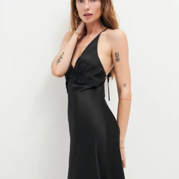 NWT Reformation Madrigal Satin Dress in Black Ruffle Maxi V-Neckline - Picture 5 of 6